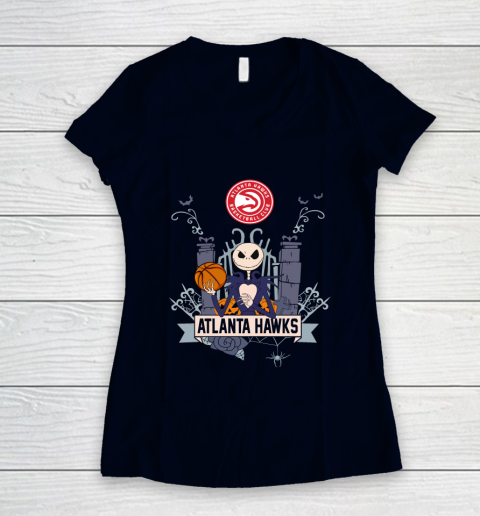 NBA Atlanta Hawks Basketball Jack Skellington Halloween Women's V-Neck T-Shirt 2