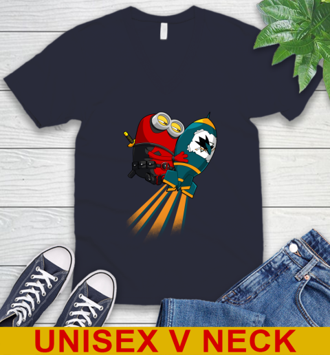 NHL Hockey San Jose Sharks Deadpool Minion Marvel Shirt V-Neck T-Shirt 2