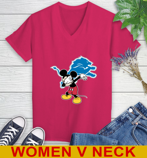 Detroit Lions NFL Football Dabbing Mickey Disney Sports Women's V-Neck T-Shirt 10
