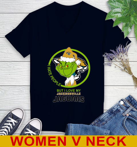 Jacksonville Jaguars NFL Christmas Grinch I Hate People But I Love My Favorite Football Team Women's V-Neck T-Shirt 3