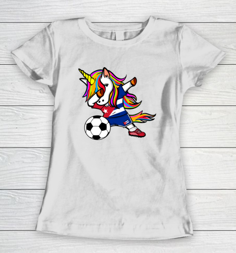 Funny Dabbing Unicorn Cuba Football Cuban Flag Soccer Women's T-Shirt