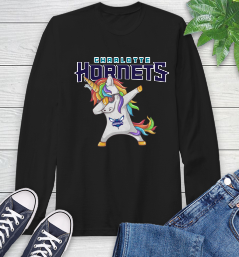 Charlotte Hornets NBA Basketball Funny Unicorn Dabbing Sports Long Sleeve T-Shirt 2