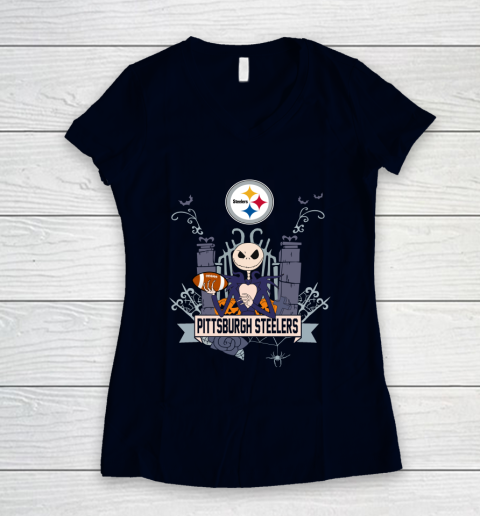 NFL Pittsburgh Steelers Football Jack Skellington Halloween Women's V-Neck T-Shirt 2