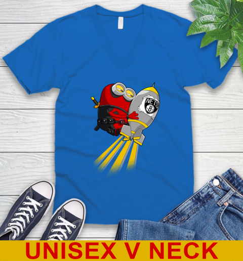 NBA Basketball Brooklyn Nets Deadpool Minion Marvel Shirt V-Neck T-Shirt 5