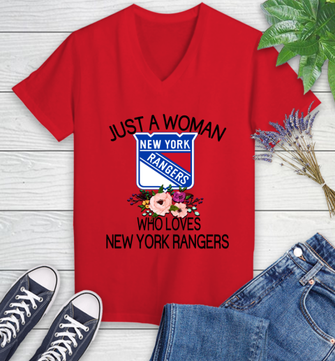 NHL Just A Woman Who Loves New York Rangers Hockey Sports Women's V-Neck T-Shirt 7