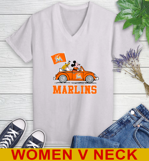 MLB Baseball Miami Marlins Pluto Mickey Driving Disney Shirt Women's V-Neck T-Shirt