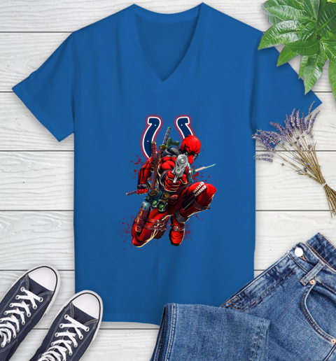 NFL Deadpool Marvel Comics Sports Football Indianapolis Colts Women's V-Neck T-Shirt 10
