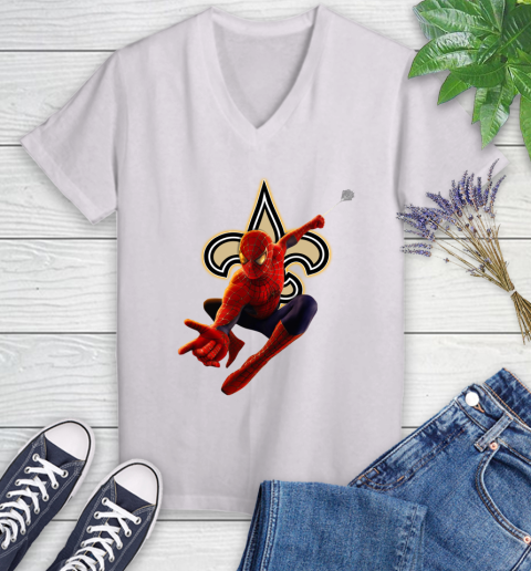 NFL Spider Man Avengers Endgame Football New Orleans Saints Women's V-Neck T-Shirt