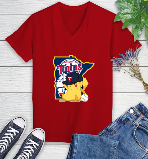 MLB Pikachu Baseball Sports Minnesota Twins Women's V-Neck T-Shirt 12