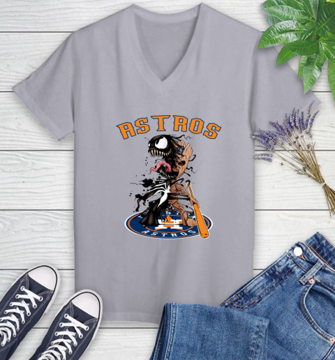 MLB Houston Astros Baseball Venom Groot Guardians Of The Galaxy Women's V-Neck T-Shirt 4