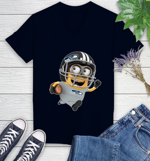 NFL Seattle Seahawks Minions Disney Football Sports Women's V-Neck T-Shirt 3