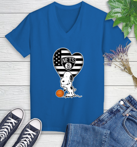 Brooklyn Nets NBA Basketball The Peanuts Movie Adorable Snoopy Women's V-Neck T-Shirt 10
