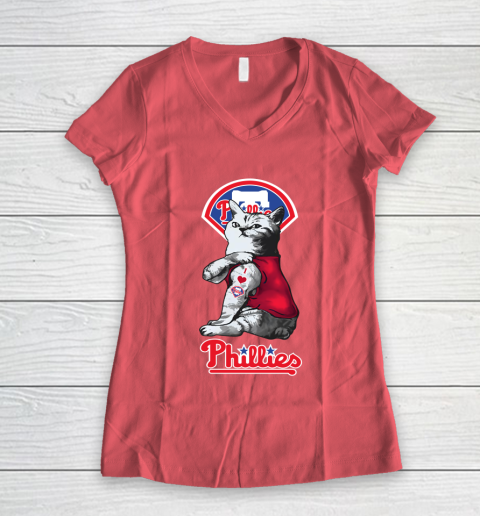 MLB Baseball My Cat Loves Philadelphia Phillies Women's V-Neck T-Shirt 4