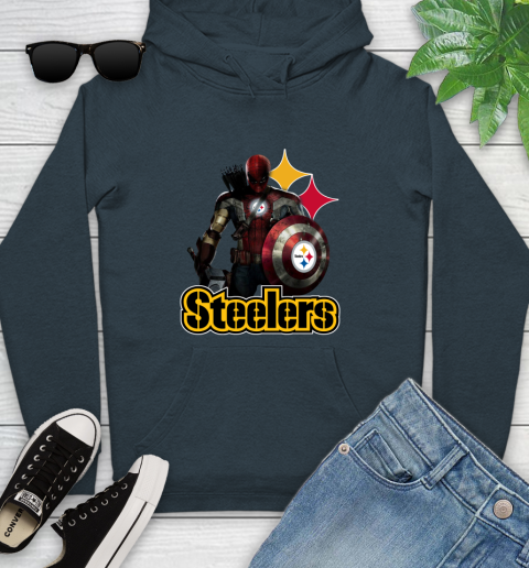 NFL Captain America Thor Spider Man Hawkeye Avengers Endgame Football Pittsburgh Steelers Youth Hoodie 8