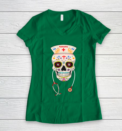 Nurse Sugar Skull Shirt Halloween Day Of The Dead Dia De Los Women's V-Neck T-Shirt 3