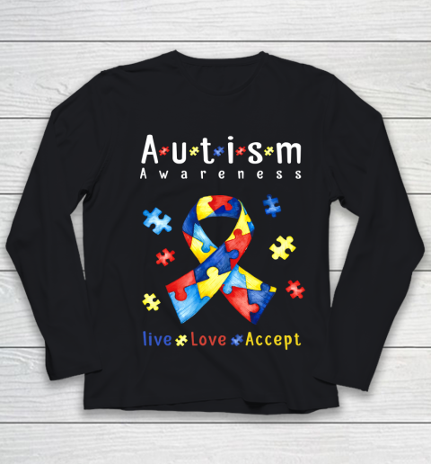 Live Love Accept Autism Awareness Month Ribbon Puzzle Youth Long Sleeve