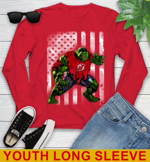 New Jersey Devils Hulk Marvel Avengers NHL Hockey American Flag Youth Long Sleeve 11