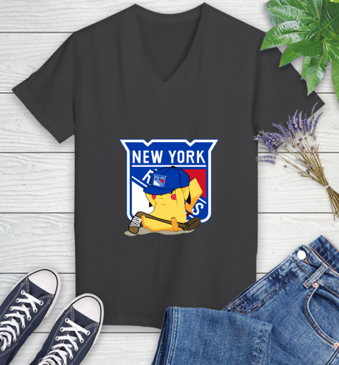 NHL Pikachu Hockey Sports New York Rangers Women's V-Neck T-Shirt 8