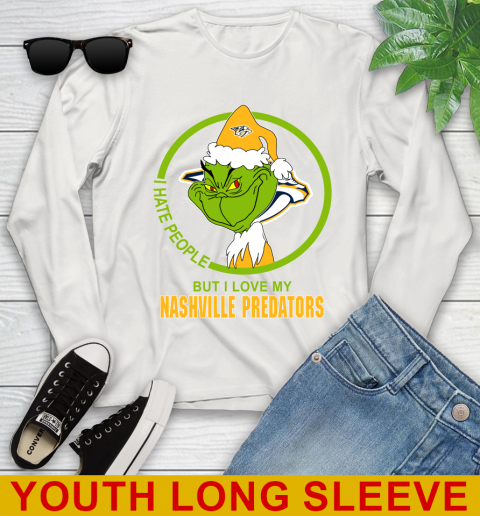 Nashville Predators NHL Christmas Grinch I Hate People But I Love My Favorite Hockey Team Youth Long Sleeve 12
