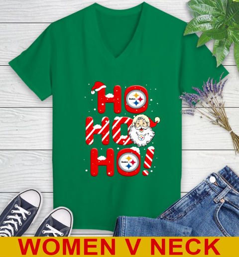 Pittsburgh Steelers NFL Football Ho Ho Ho Santa Claus Merry Christmas Shirt Women's V-Neck T-Shirt 5