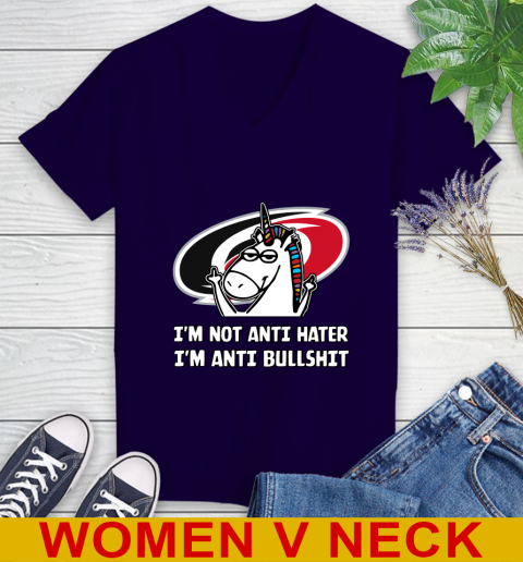 Carolina Hurricanes NHL Hockey Unicorn I'm Not Anti Hater I'm Anti Bullshit Women's V-Neck T-Shirt 4