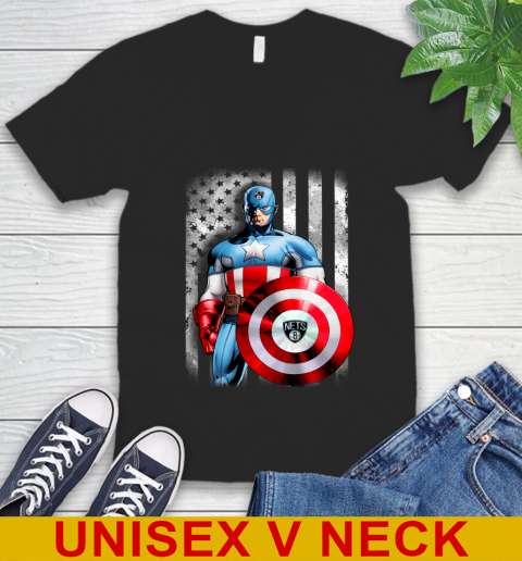 Brooklyn Nets NBA Basketball Captain America Marvel Avengers American Flag Shirt V-Neck T-Shirt