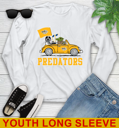 NHL Hockey Nashville Predators Darth Vader Baby Yoda Driving Star Wars Shirt Youth Long Sleeve