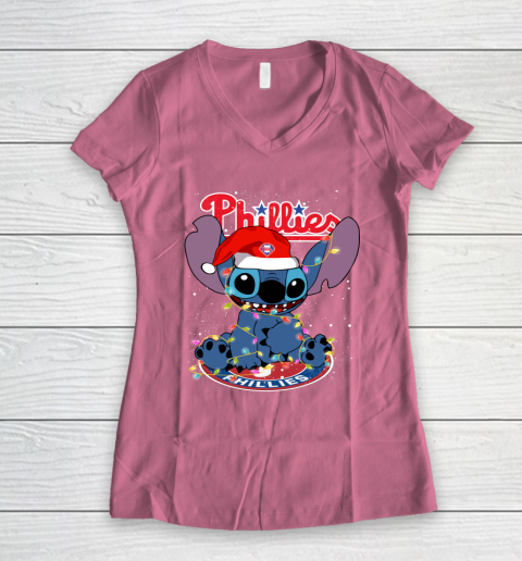 Philadelphia Phillies MLB noel stitch Baseball Christmas Women's V-Neck T-Shirt - Image 8