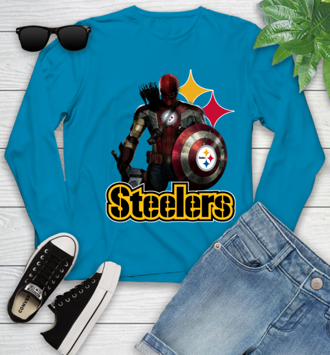 NFL Captain America Thor Spider Man Hawkeye Avengers Endgame Football Pittsburgh Steelers Youth Long Sleeve 7