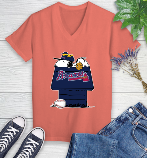 MLB Atlanta Braves Snoopy Woodstock The Peanuts Movie Baseball T Shirt Women's V-Neck T-Shirt 6