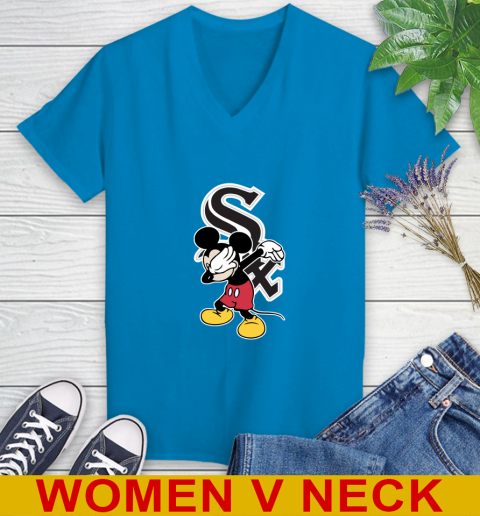 Chicago White Sox MLB Baseball Dabbing Mickey Disney Sports Women's V-Neck T-Shirt 8