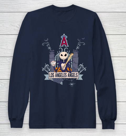 MLB Los Angeles Angels Baseball Jack Skellington Halloween Long Sleeve T-Shirt 2
