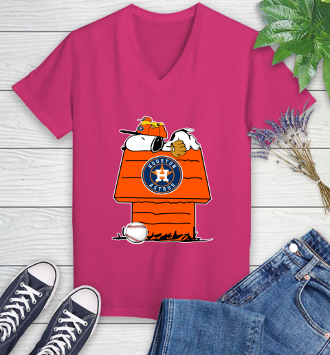 MLB Houston Astros Snoopy Woodstock The Peanuts Movie Baseball T Shirt Women's V-Neck T-Shirt 9