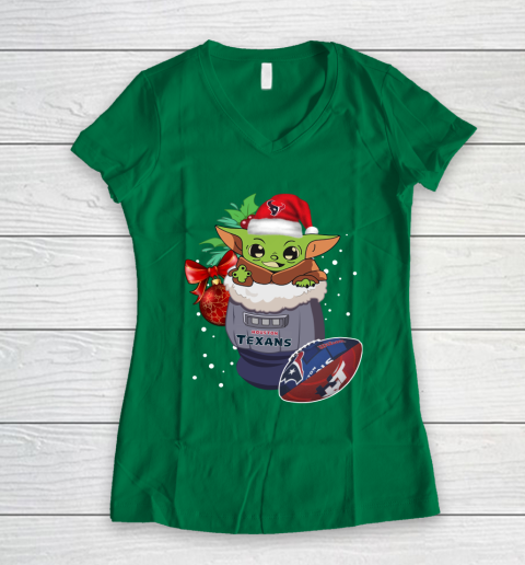 Houston Texans Christmas Baby Yoda Star Wars Funny Happy NFL Women's V-Neck T-Shirt 5