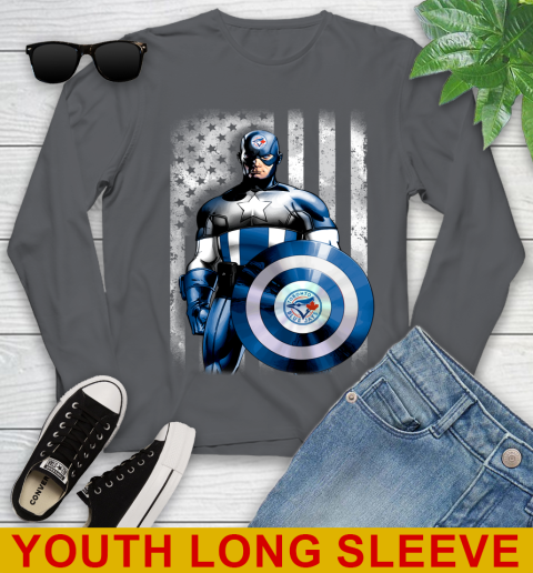 Toronto Blue Jays MLB Baseball Captain America Marvel Avengers American Flag Shirt Youth Long Sleeve 9