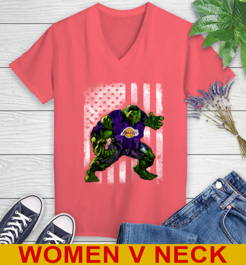 Los Angeles Lakers Hulk Marvel Avengers NBA Basketball American Flag Women's V-Neck T-Shirt 6