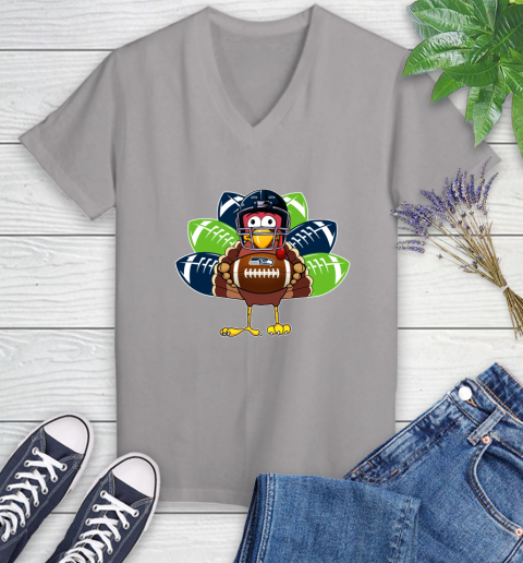 Seattle Seahawks Turkey Thanksgiving Day Women's V-Neck T-Shirt 4