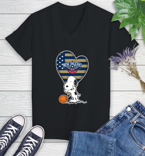 New Orleans Pelicans NBA Basketball The Peanuts Movie Adorable Snoopy Women's V-Neck T-Shirt 2