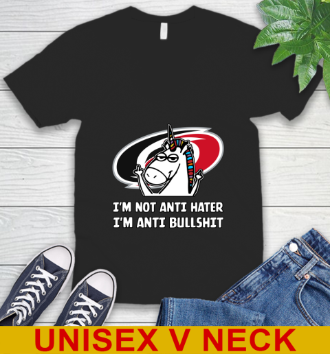 Carolina Hurricanes NHL Hockey Unicorn I'm Not Anti Hater I'm Anti Bullshit V-Neck T-Shirt 2