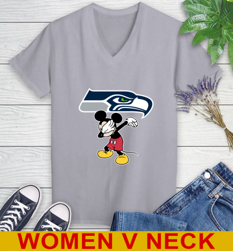 Seattle Seahawks NFL Football Dabbing Mickey Disney Sports Women's V-Neck T-Shirt 5