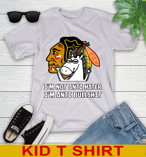 Chicago Blackhawks NHL Hockey Unicorn I'm Not Anti Hater I'm Anti Bullshit Youth T-Shirt 5