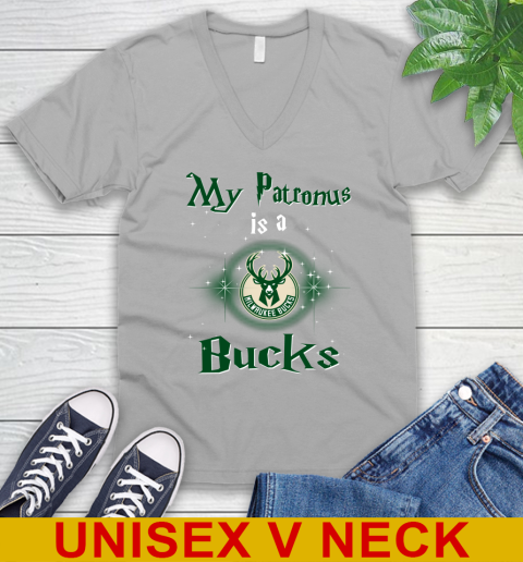NBA Basketball Harry Potter My Patronus Is A Milwaukee Bucks V-Neck T-Shirt 3