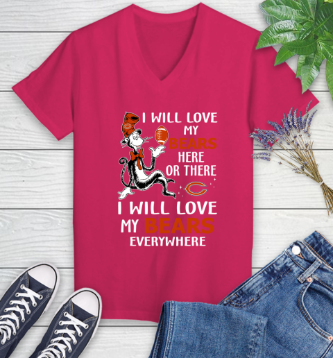 NFL Football Chicago Bears I Will Love My Bears Everywhere Dr Seuss Shirt Women's V-Neck T-Shirt 7
