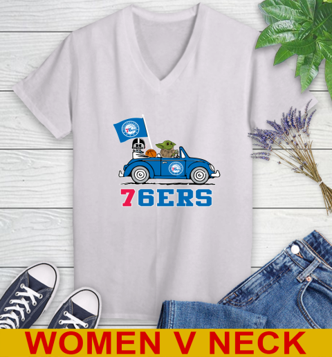 NBA Basketball Philadelphia 76ers Darth Vader Baby Yoda Driving Star Wars Shirt Women's V-Neck T-Shirt