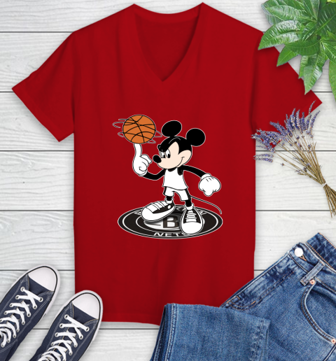 NBA Basketball Brooklyn Nets Cheerful Mickey Disney Shirt Women's V-Neck T-Shirt 10