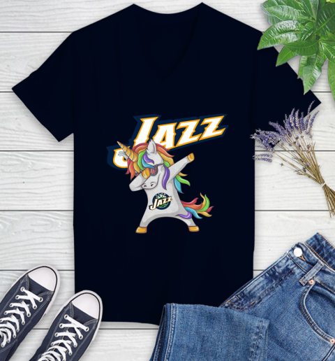 Utah Jazz NBA Basketball Funny Unicorn Dabbing Sports Women's V-Neck T-Shirt 3