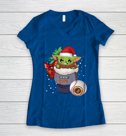 Baltimore Orioles Christmas Baby Yoda Star Wars Funny Happy MLB Women's V-Neck T-Shirt 9