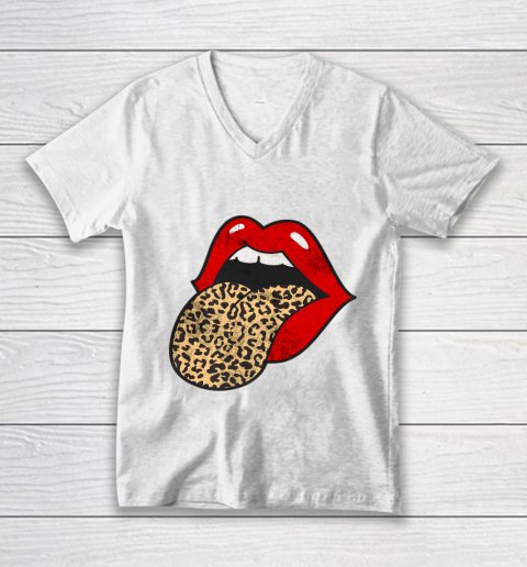 Red Lips Leopard Tongue Trendy Animal Print V-Neck T-Shirt