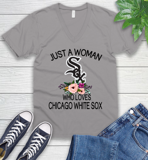 MLB Just A Woman Who Loves Chicago White Sox Baseball Sports V-Neck T-Shirt 2