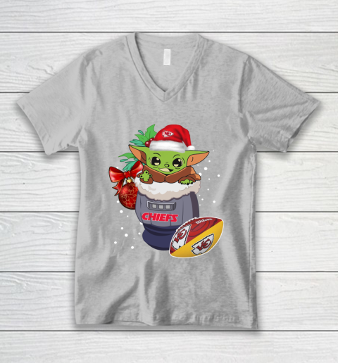 Kansas City Chiefs Christmas Baby Yoda Star Wars Funny Happy NFL V-Neck T-Shirt 4